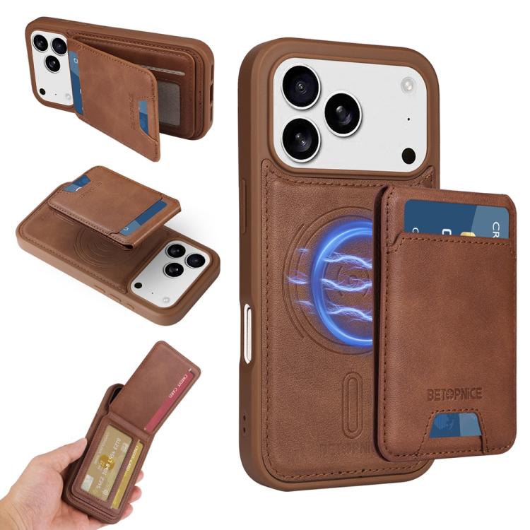 For iPhone 17 Pro BETOPNICE Vertical Flip Detachable MagSafe Wallet Phone Case(Brown)