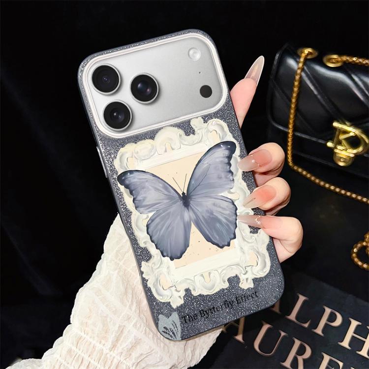 For iPhone 17 Pro Blue Butterfly Pattern IMD Glitter PC Hybrid TPU Phone Case(Black)