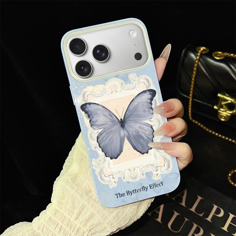 For iPhone 17 Pro Blue Butterfly Pattern IMD Glitter PC Hybrid TPU Phone Case(Blue)