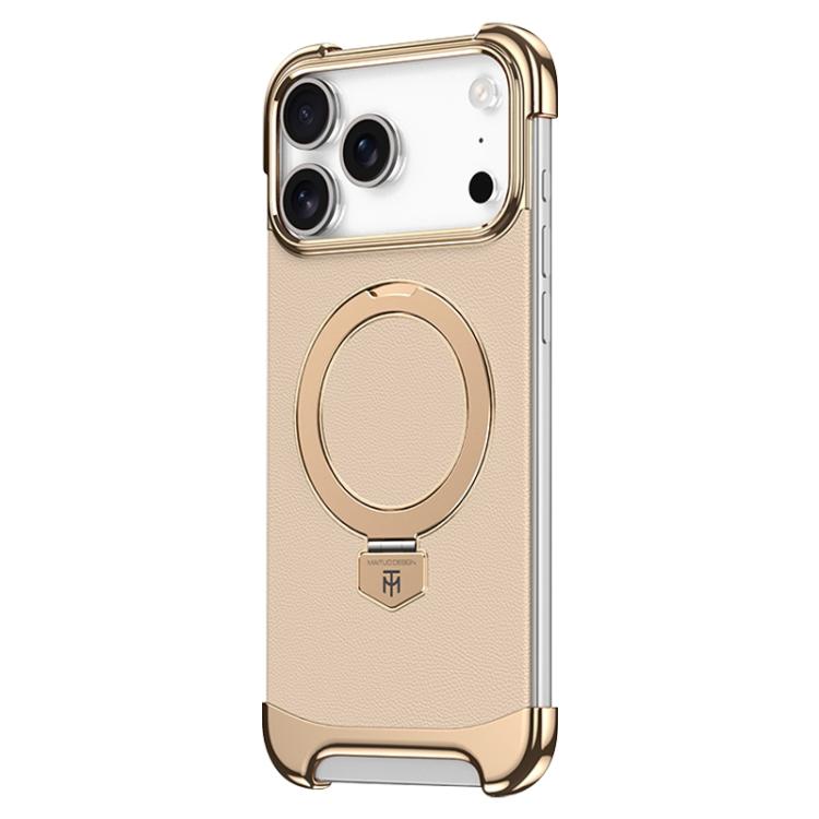 For iPhone 17 Pro Borderless MagSafe Ring Holder Plain Leather Phone Case(Gold)
