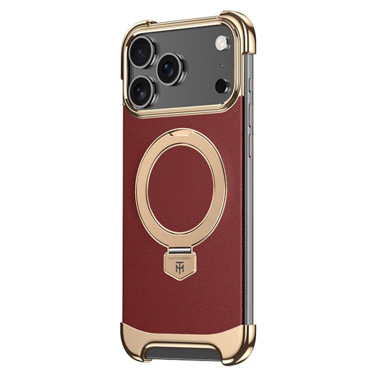 For iPhone 17 Pro Borderless MagSafe Ring Holder Plain Leather Phone Case(Red)
