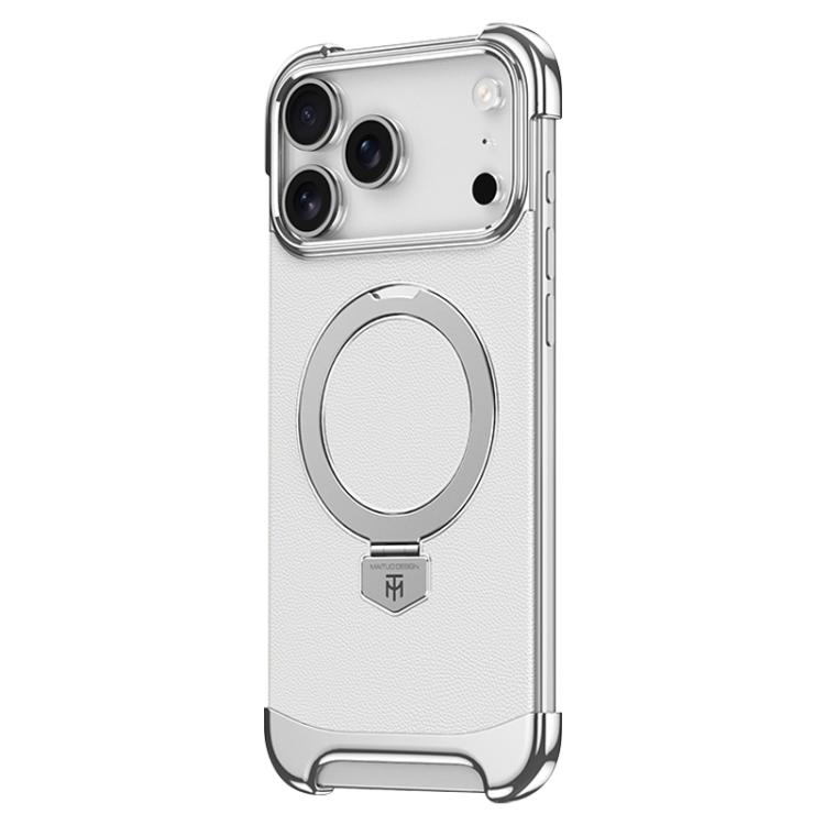 For iPhone 17 Pro Borderless MagSafe Ring Holder Plain Leather Phone Case(White)