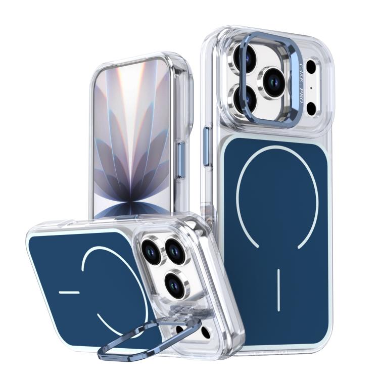 For iPhone 17 Pro Bright Color Blocking Camera Bracket Magnetic Phone Case(Blue)
