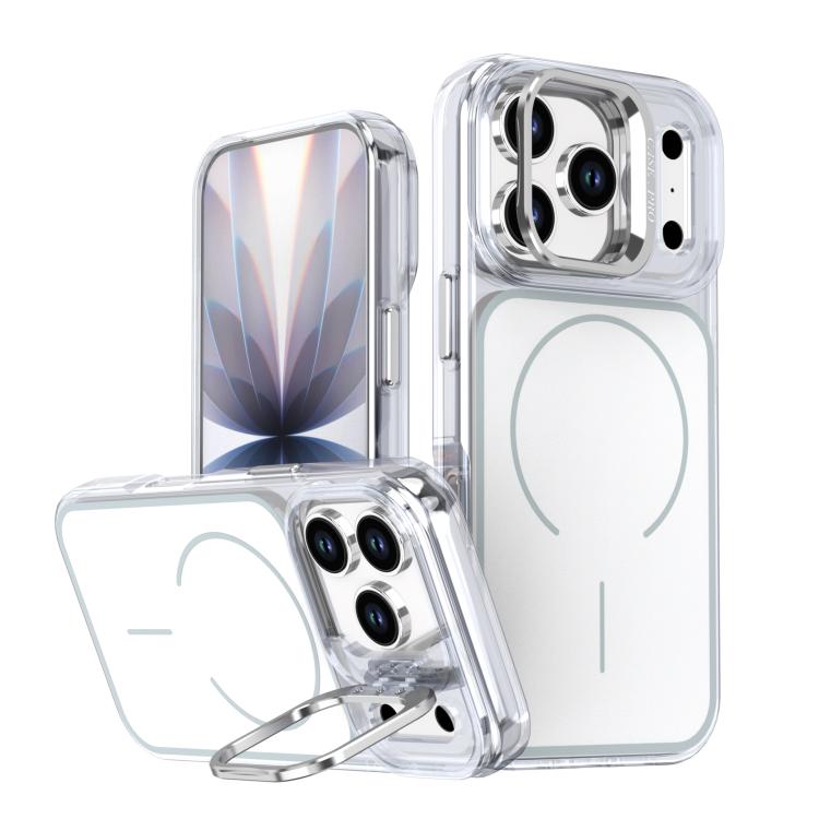 For iPhone 17 Pro Bright Color Blocking Camera Bracket Magnetic Phone Case(White)