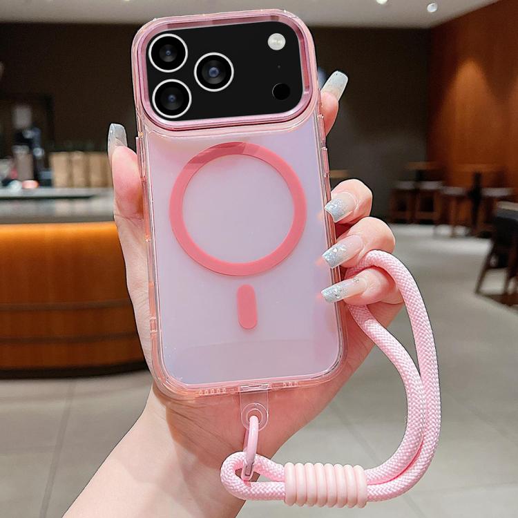 For iPhone 17 Pro Bright Shadow  Magsafe Discoloration Phone Case with Wrist Strap(Pink)