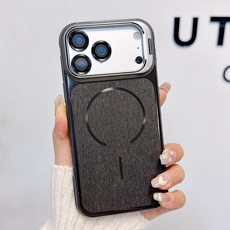 For iPhone 17 Pro Brushed Magnetic Phone Case with Lens Frame Holder & Lens Film(Black)