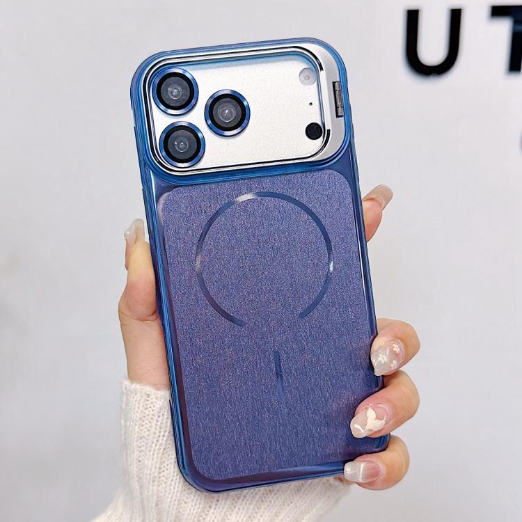 For iPhone 17 Pro Brushed Magnetic Phone Case with Lens Frame Holder & Lens Film(Blue)
