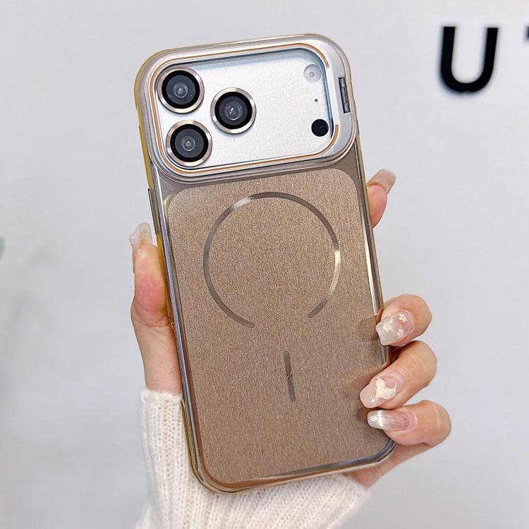 For iPhone 17 Pro Brushed Magnetic Phone Case with Lens Frame Holder & Lens Film(Desert Gold)