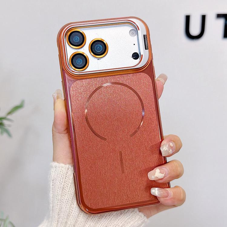 For iPhone 17 Pro Brushed Magnetic Phone Case with Lens Frame Holder & Lens Film(Orange)