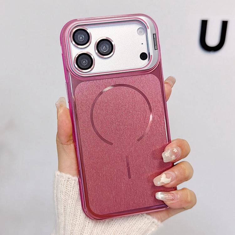 For iPhone 17 Pro Brushed Magnetic Phone Case with Lens Frame Holder & Lens Film(Pink)