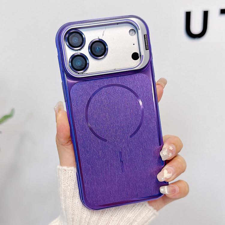 For iPhone 17 Pro Brushed Magnetic Phone Case with Lens Frame Holder & Lens Film(Purple)