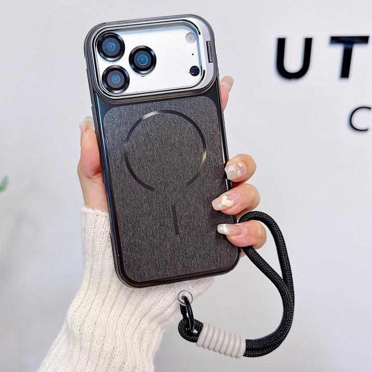 For iPhone 17 Pro Brushed Magnetic Phone Case with Lens Frame Holder & Wrist Strap & Lens Film(Black)