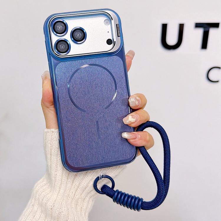 For iPhone 17 Pro Brushed Magnetic Phone Case with Lens Frame Holder & Wrist Strap & Lens Film(Blue)
