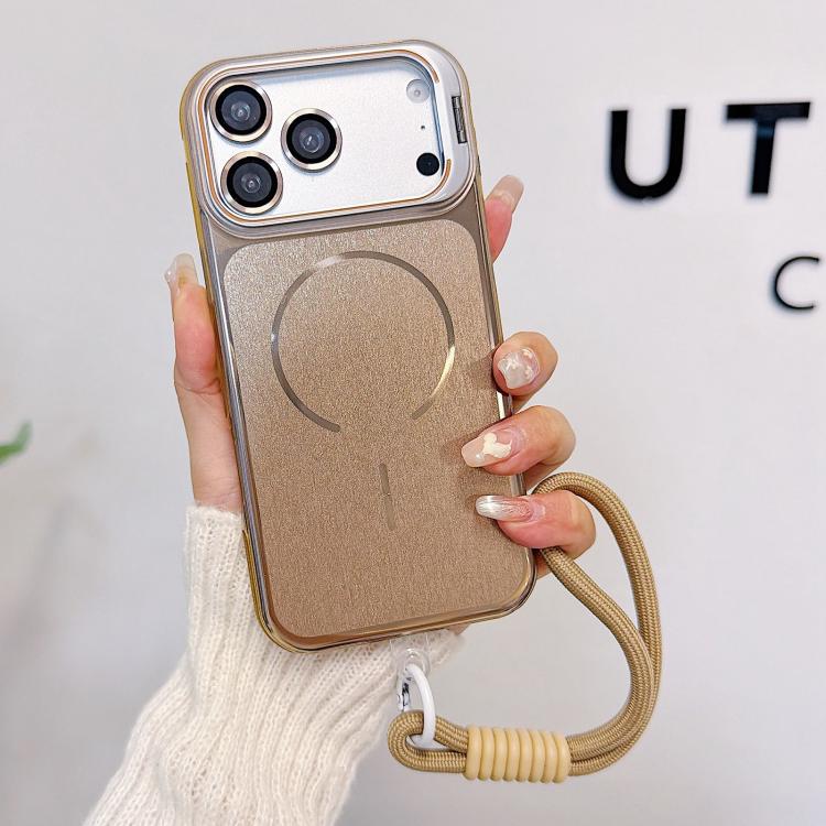 For iPhone 17 Pro Brushed Magnetic Phone Case with Lens Frame Holder & Wrist Strap & Lens Film(Desert Gold)