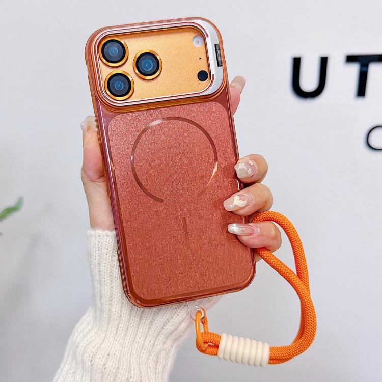For iPhone 17 Pro Brushed Magnetic Phone Case with Lens Frame Holder & Wrist Strap & Lens Film(Orange)