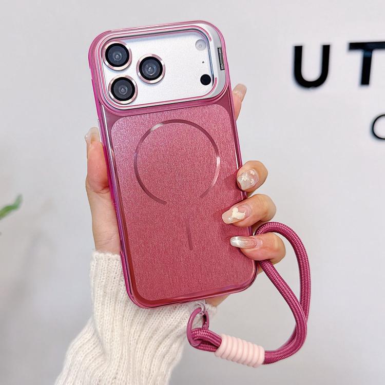 For iPhone 17 Pro Brushed Magnetic Phone Case with Lens Frame Holder & Wrist Strap & Lens Film(Pink)