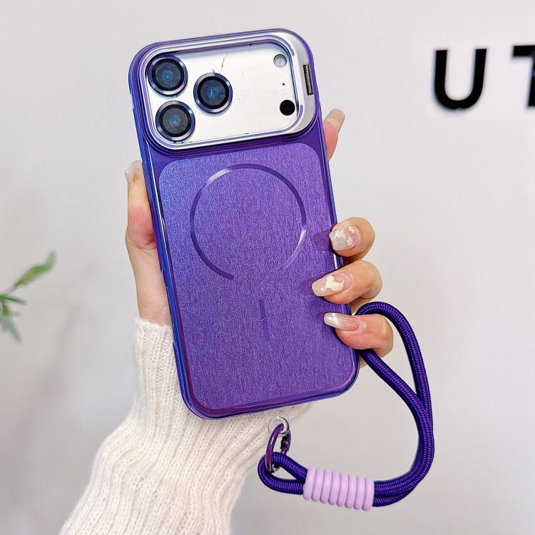 For iPhone 17 Pro Brushed Magnetic Phone Case with Lens Frame Holder & Wrist Strap & Lens Film(Purple)
