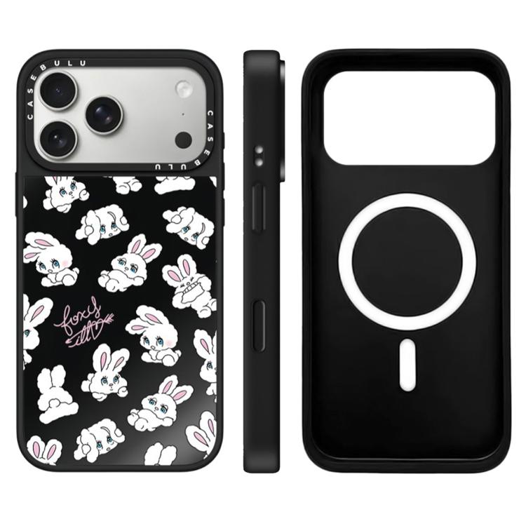 For iPhone 17 Pro Bunny Series Pattern Camera Control Button Mirror Magnetic Phone Case(Bunny Black)