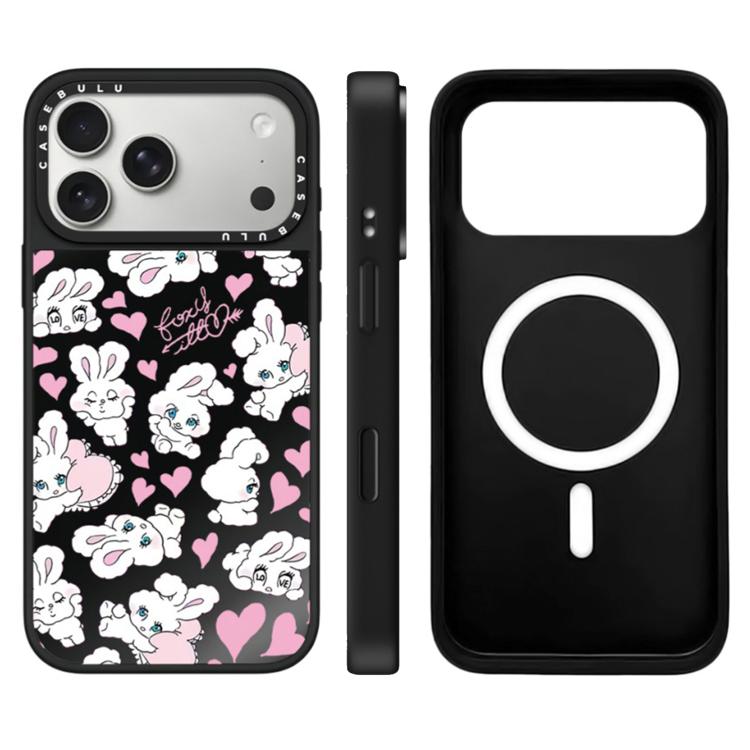For iPhone 17 Pro Bunny Series Pattern Camera Control Button Mirror Magnetic Phone Case(Hearts Bunny Black)