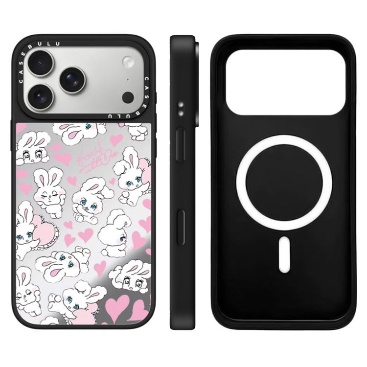For iPhone 17 Pro Bunny Series Pattern Camera Control Button Mirror Magnetic Phone Case(Hearts Bunny Silver)