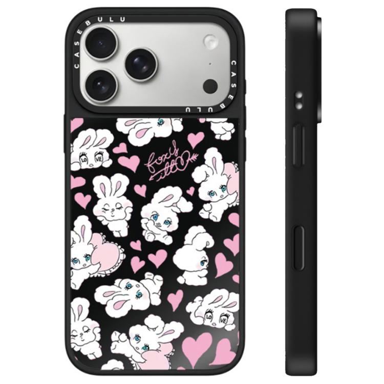 For iPhone 17 Pro Bunny Series Pattern Camera Control Button Mirror Phone Case(Hearts Bunny Black)