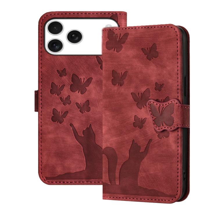 For iPhone 17 Pro Butterfly Cat Embossing Flip Leather Phone Case(Red)