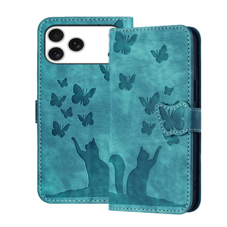 For iPhone 17 Pro Butterfly Cat Embossing Flip Leather Phone Case(Wathet)