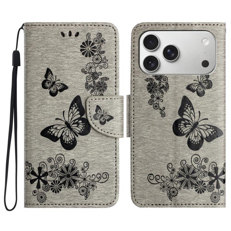 For iPhone 17 Pro Butterfly Embossed Flip Leather Phone Case(Grey)