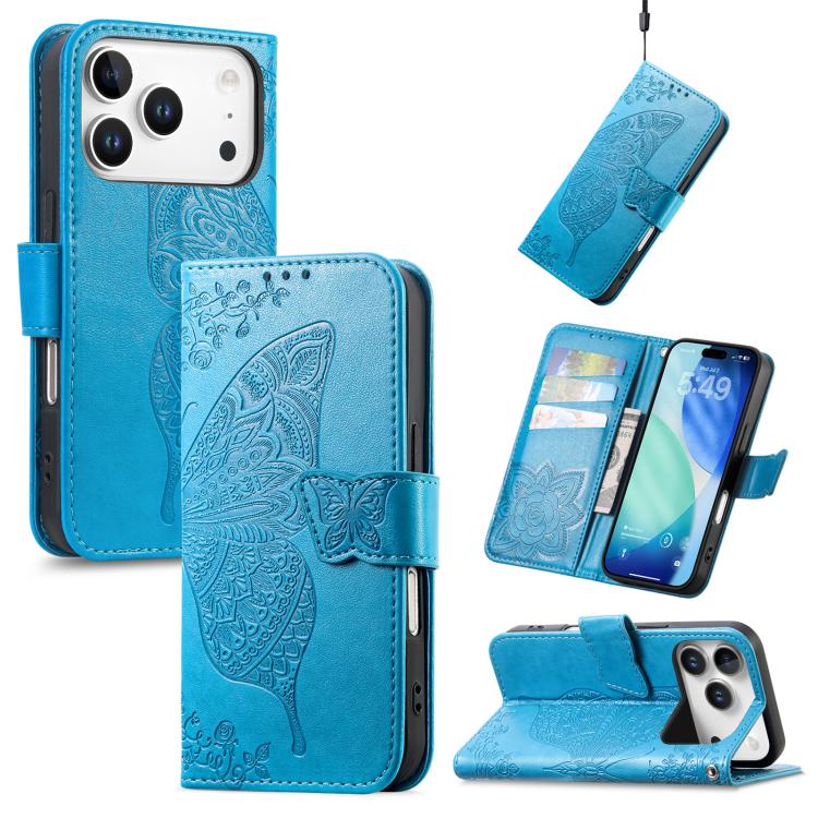For iPhone 17 Pro Butterfly Love Flower Embossed Leather Phone Case(Blue)