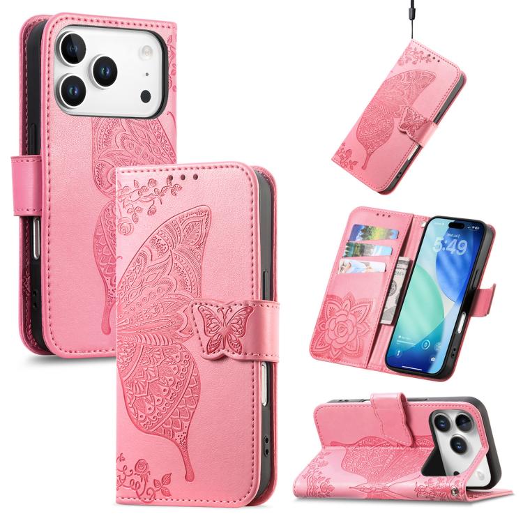 For iPhone 17 Pro Butterfly Love Flower Embossed Leather Phone Case(Pink)