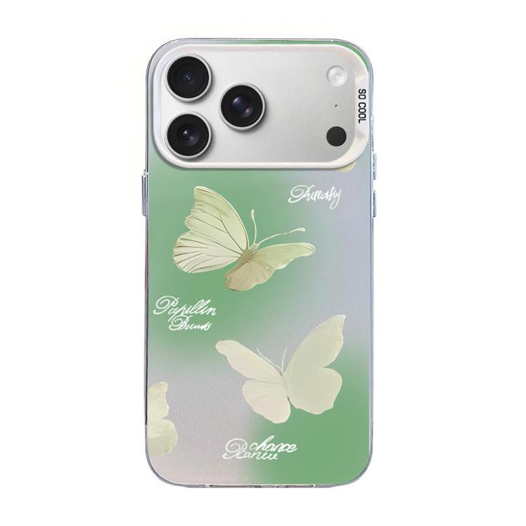 For iPhone 17 Pro Butterfly Pattern Silver Plating PC Hybrid TPU Phone Case(Green White)
