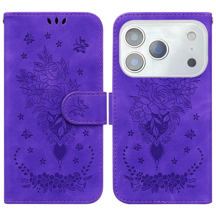 For iPhone 17 Pro Butterfly Rose Embossed Leather Phone Case(Purple)