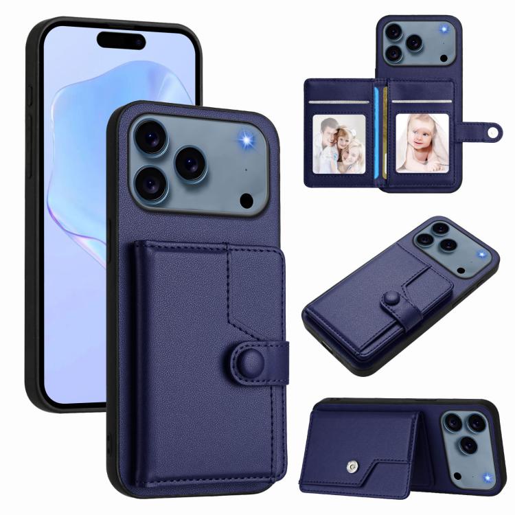 For iPhone 17 Pro Button Card Bag RFID Anti-theft Phone Case(Blue)