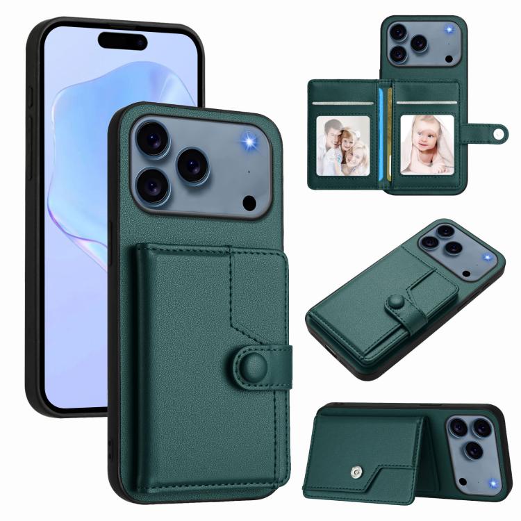 For iPhone 17 Pro Button Card Bag RFID Anti-theft Phone Case(Green)