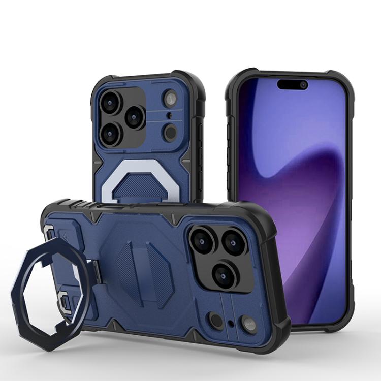 For iPhone 17 Pro Camera Shield Armor MagSafe Holder Phone Case with Strap(Sapphire Blue)