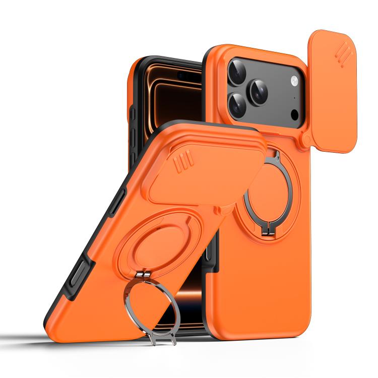 For iPhone 17 Pro Camera Sliding Shield Magnetic Rotation Holder Phone Case(Orange)