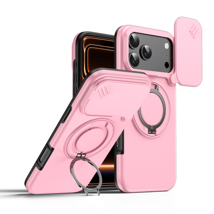For iPhone 17 Pro Camera Sliding Shield Magnetic Rotation Holder Phone Case(Pink)