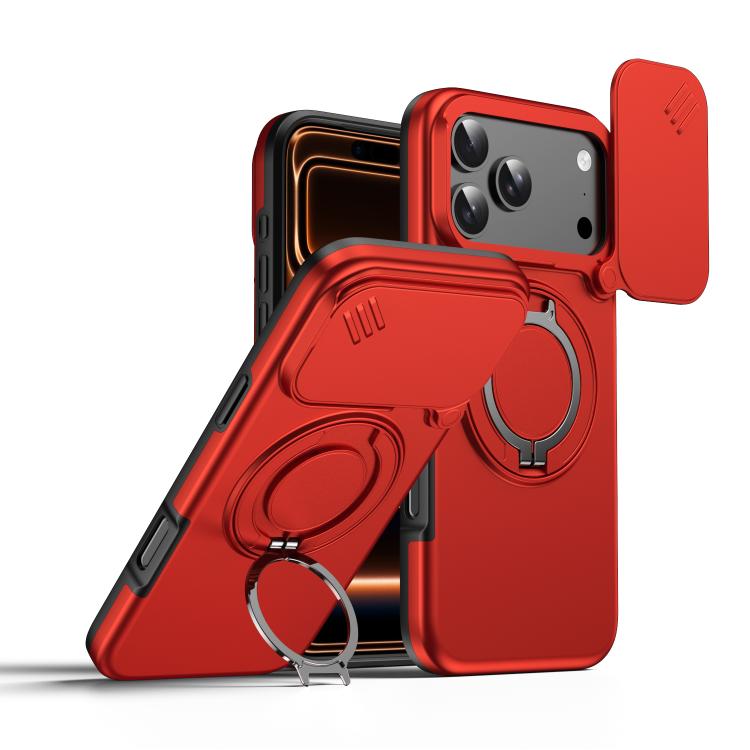 For iPhone 17 Pro Camera Sliding Shield Magnetic Rotation Holder Phone Case(Red)