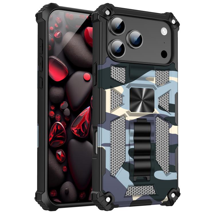 For iPhone 17 Pro Camouflage Armor Kickstand TPU + PC Magnetic Phone Case(Navy Blue)