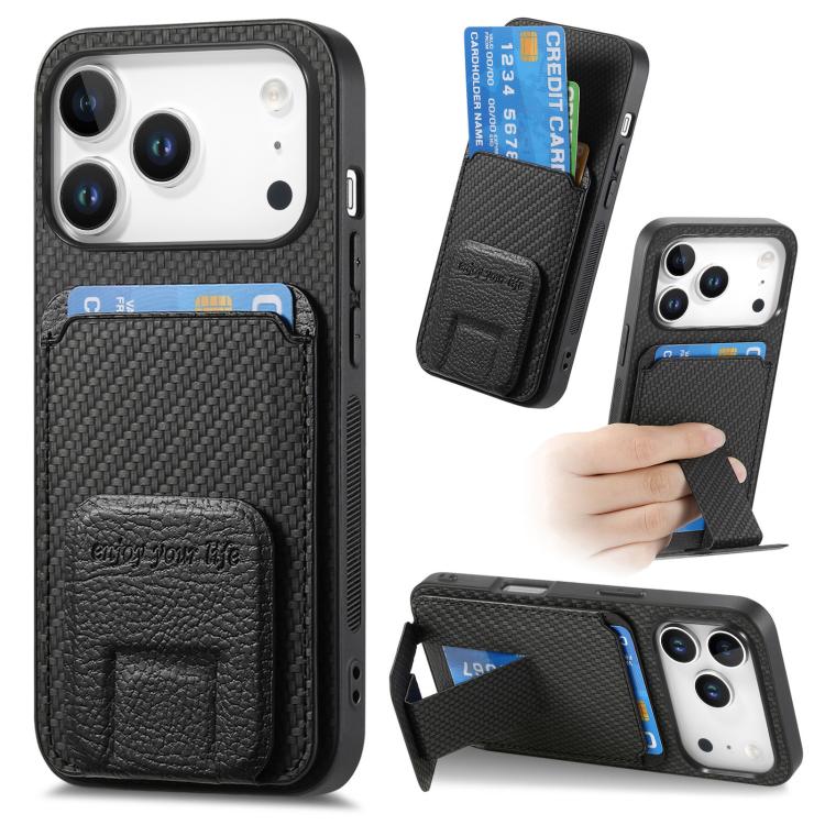 For iPhone 17 Pro Carbon Fiber Card Bag Fold Stand Phone Case(Black)