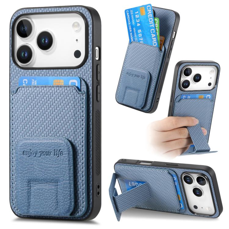 For iPhone 17 Pro Carbon Fiber Card Bag Fold Stand Phone Case(Blue)