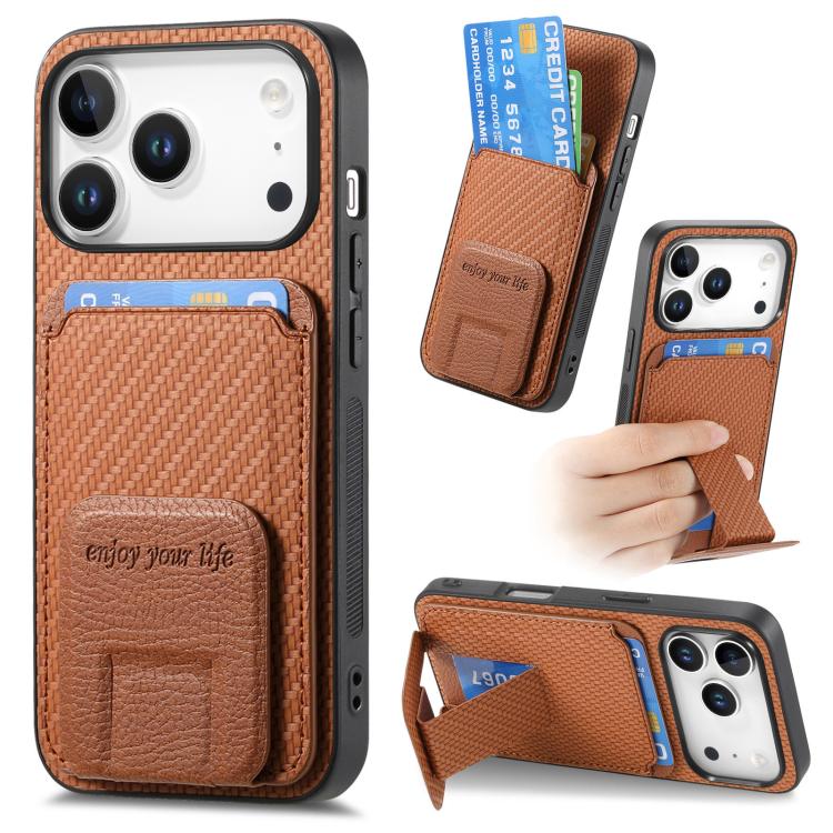 For iPhone 17 Pro Carbon Fiber Card Bag Fold Stand Phone Case(Brown)