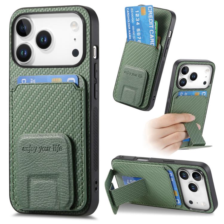 For iPhone 17 Pro Carbon Fiber Card Bag Fold Stand Phone Case(Green)