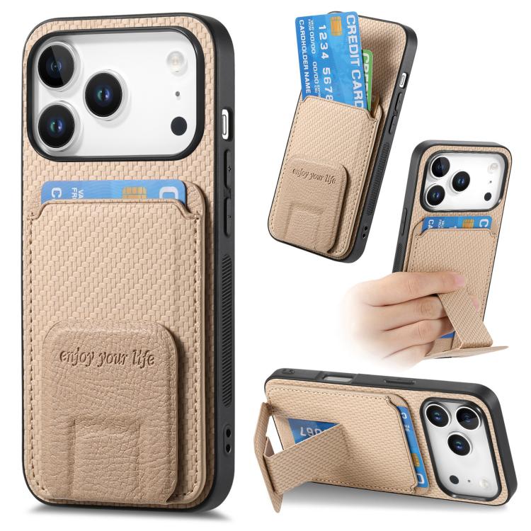 For iPhone 17 Pro Carbon Fiber Card Bag Fold Stand Phone Case(Khaki)