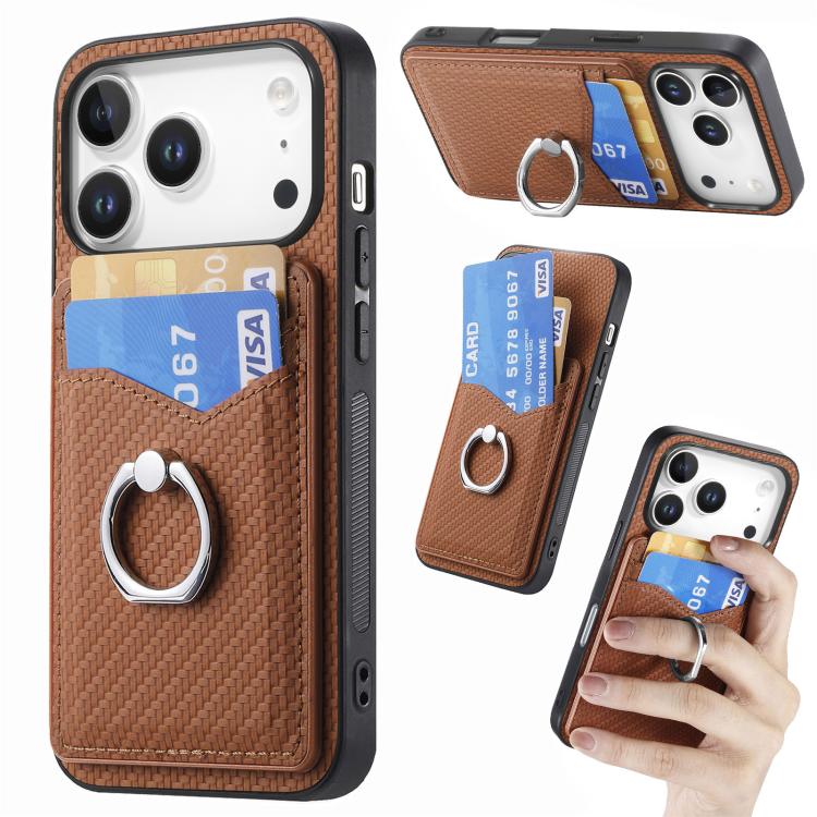 For iPhone 17 Pro Carbon Fiber Card Wallet Ring Phone Case(Brown)