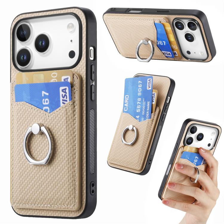 For iPhone 17 Pro Carbon Fiber Card Wallet Ring Phone Case(Khaki)
