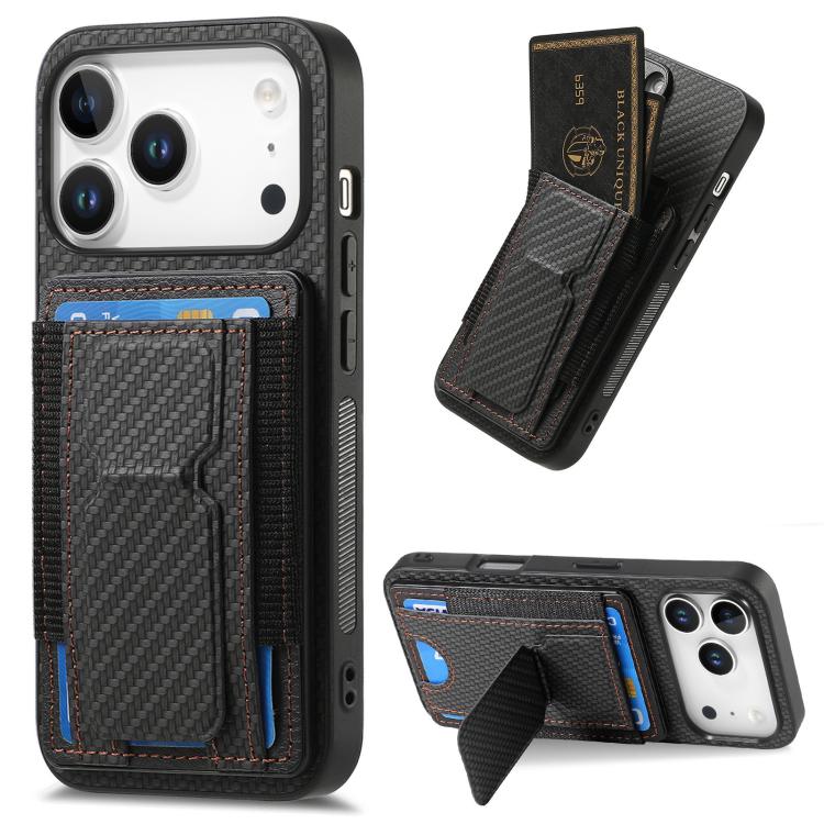 For iPhone 17 Pro Carbon Fiber Fold Stand Elastic Card Bag Phone Case(Black)