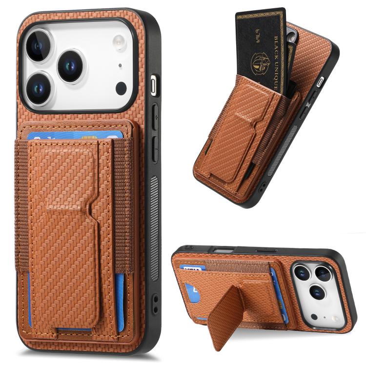 For iPhone 17 Pro Carbon Fiber Fold Stand Elastic Card Bag Phone Case(Brown)
