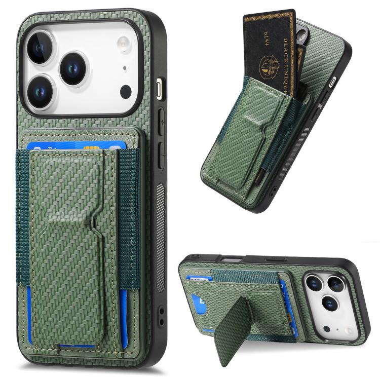 For iPhone 17 Pro Carbon Fiber Fold Stand Elastic Card Bag Phone Case(Green)
