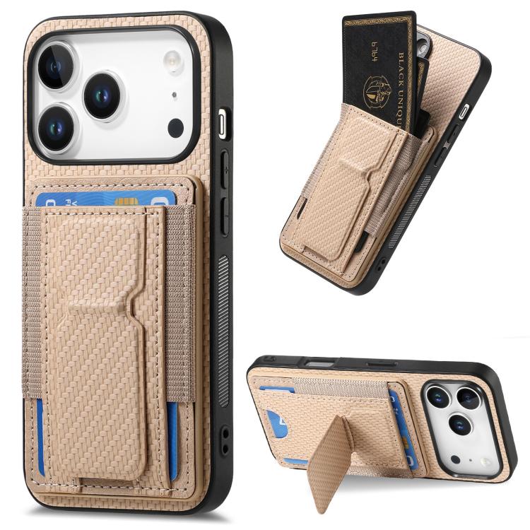 For iPhone 17 Pro Carbon Fiber Fold Stand Elastic Card Bag Phone Case(Khaki)